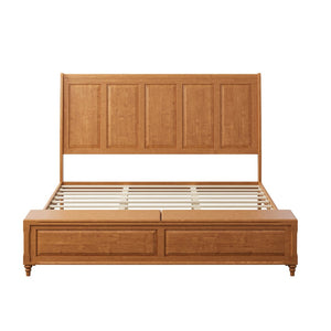 English Elm Queen Sleigh Bed Solid Rubberwood Walnut Finish Curved Headboard Footboard Storage Bench Natural W1716S00037