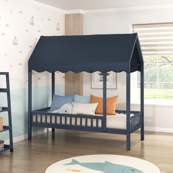 English Elm Navy Solid Wood Twin Canopy Bed Scalloped Fabric Cover Cottage Style Kids Bedroom B011P462897