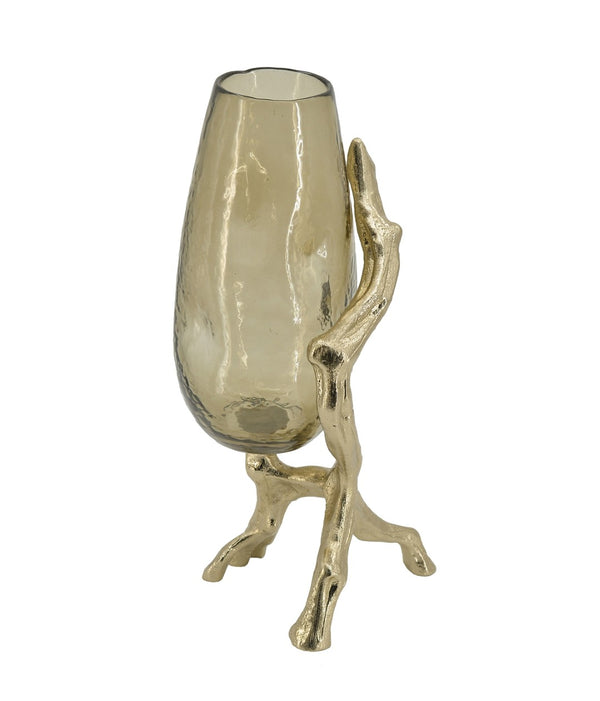 English Elm 9x7x18" Sculptural Gold Glass Vase with Splayed Aluminum Legs for Glam Interiors W2078P490402