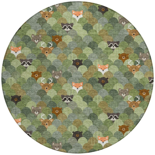 8 Ft Round Cactus Motif Polyester Area Rug Washable Indoor Outdoor Patio Use