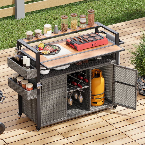 English Elm K&K Wicker Outdoor Grill Cart with Foldable Drop Leaf, Locking Wheels, Wine Rack & Ample Storage Grey N707P233747G