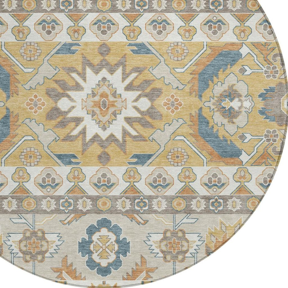 HomeRoots 8 Ft Round Washable Polyester Area Rug with Ivory Gold Cactus Pattern Indoor Outdoor 732061