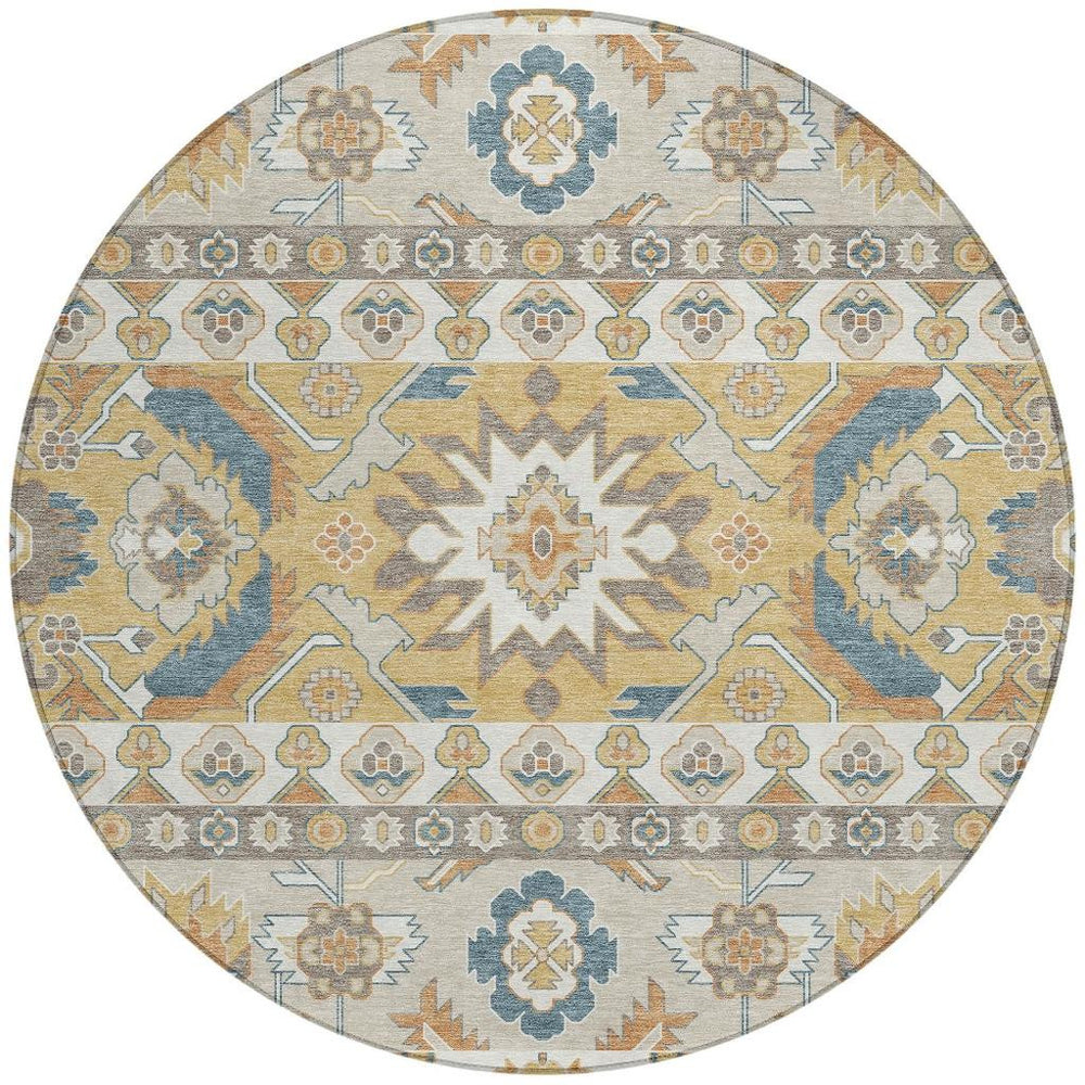 HomeRoots 8 Ft Round Washable Polyester Area Rug with Ivory Gold Cactus Pattern Indoor Outdoor 732061