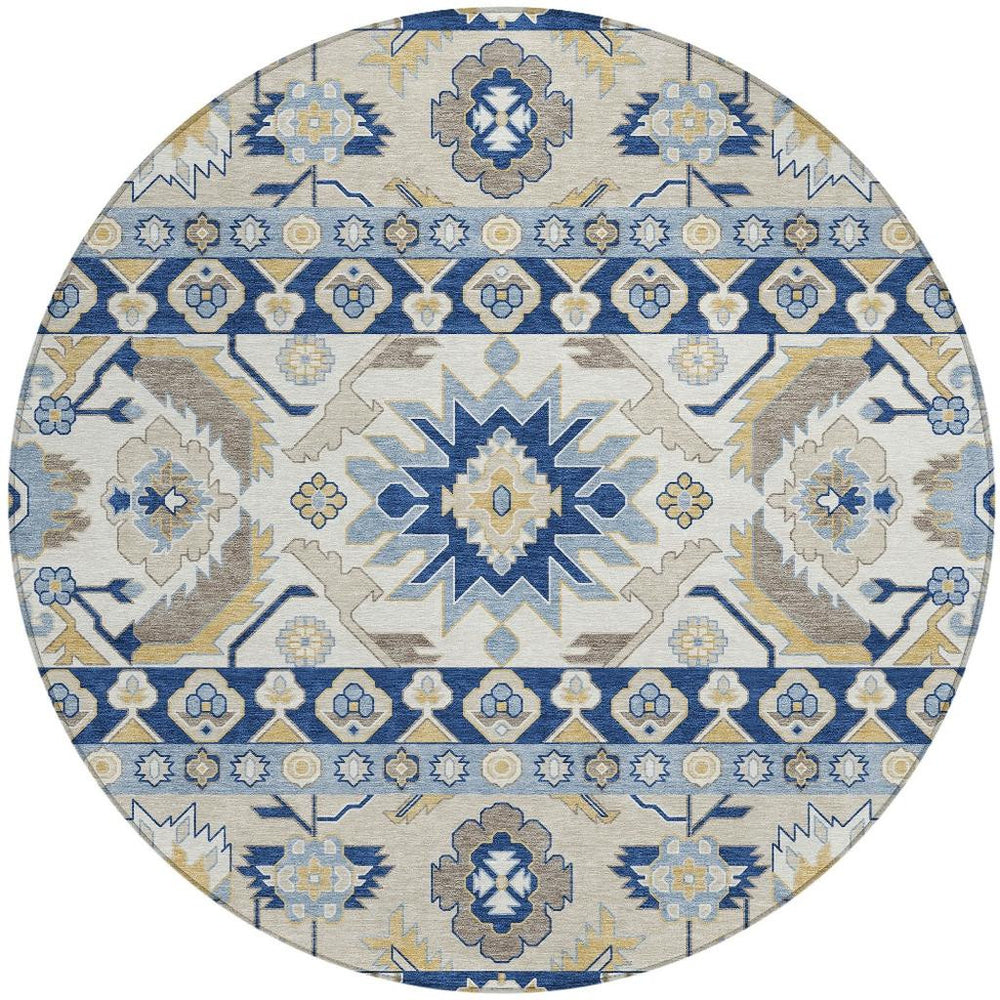 HomeRoots 8 Ft Round Washable Outdoor Rug Cactus Pattern Polyester Navy Indoor Patio 732067