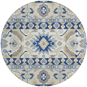HomeRoots 8 Ft Round Washable Outdoor Rug Cactus Pattern Polyester Navy Indoor Patio 732067