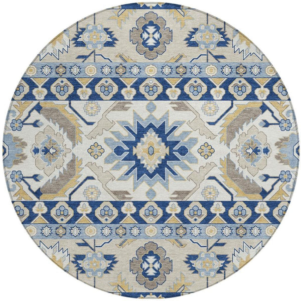 HomeRoots 8 Ft Round Washable Outdoor Rug Cactus Pattern Polyester Navy Indoor Patio 732067