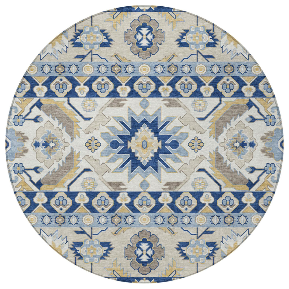 HomeRoots 8 Ft Round Washable Outdoor Rug Cactus Pattern Polyester Navy Indoor Patio 732067