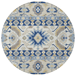 8 Ft Round Washable Outdoor Rug Cactus Pattern Polyester Navy Indoor Patio