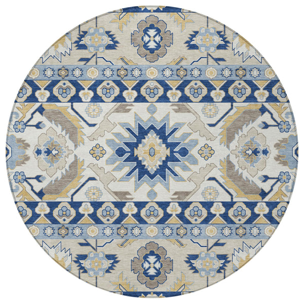 8 Ft Round Washable Outdoor Rug Cactus Pattern Polyester Navy Indoor Patio
