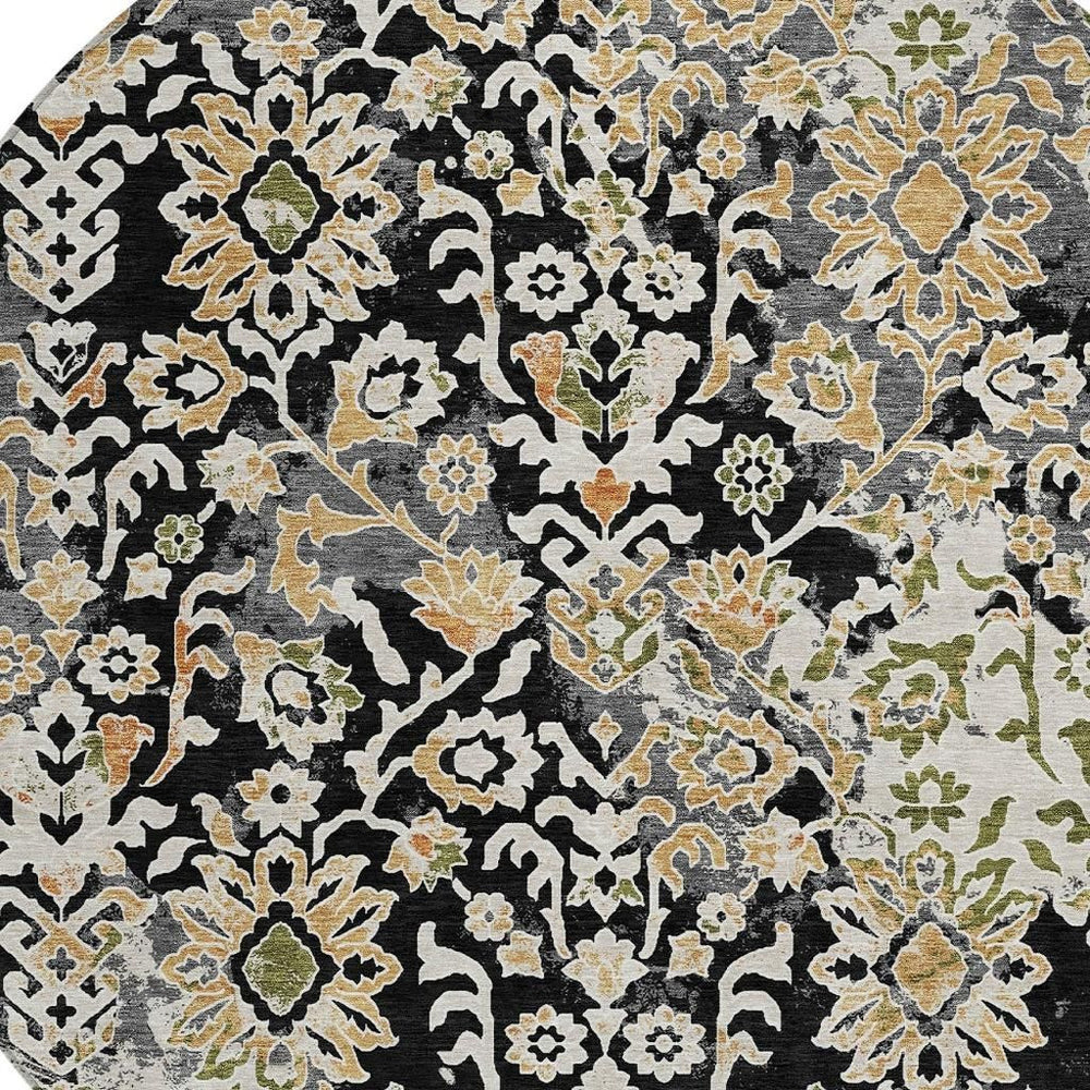 HomeRoots 8 Ft Round Washable Polyester Rug Geometric Black Beige Indoor Outdoor Low Pile 732091