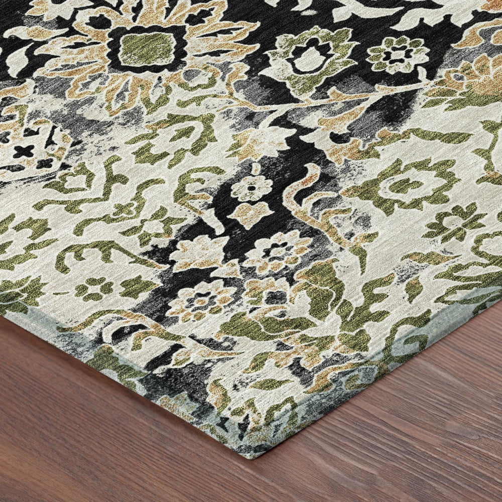 HomeRoots 8 Ft Round Washable Polyester Rug Geometric Black Beige Indoor Outdoor Low Pile 732091