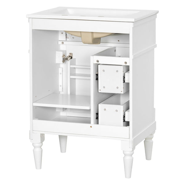 English Elm 24 Inch Freestanding Vanity with Ceramic Sink Rubberwood Frame Matte Finish Storage White N725P356058K