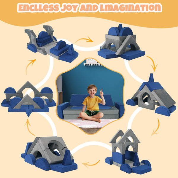 English Elm 15pcs Modular Toddler Play Couch Set Velvet Foam Fort Building Playroom Seating Blue+Grey T5880P493418
