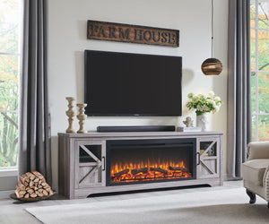 English Elm 75" Gray Wood Tv Stand with 44 Inch Electric Fireplace for Living Rooms W1769S00008