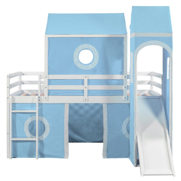 English Elm Twin Castle Loft Bed with Slide Tent and Tower Pinewood Playhouse Frame for Kids N708P249475C