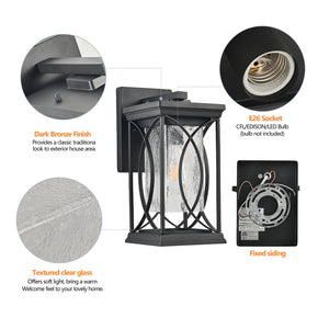 English Elm 14"(H) Black Outdoor Wall Lantern with Crackled Glass - Weatherproof Modern Porch Sconce, E26 Ready, Durable Metal Frame W2312P374978