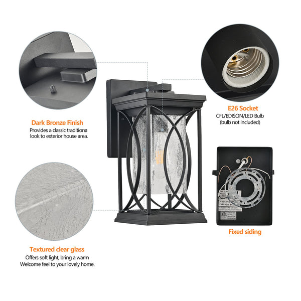 English Elm 14"(H) Black Outdoor Wall Lantern with Crackled Glass - Weatherproof Modern Porch Sconce, E26 Ready, Durable Metal Frame W2312P374978