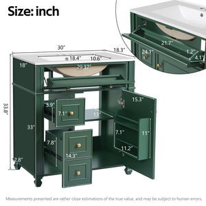 English Elm Bathroom Vanity with Sink French-Inspired 30" Ceramic Basin Vanity Cabinet with Soft-Close Doors & Drawer Organizer Green N710P286723F