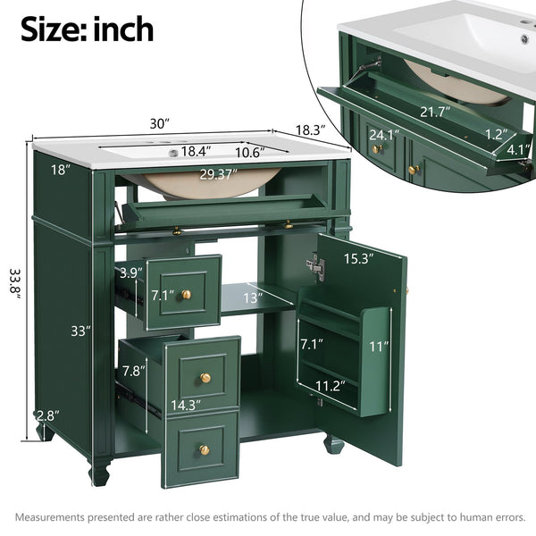 English Elm Bathroom Vanity with Sink French-Inspired 30" Ceramic Basin Vanity Cabinet with Soft-Close Doors & Drawer Organizer Green N710P286723F