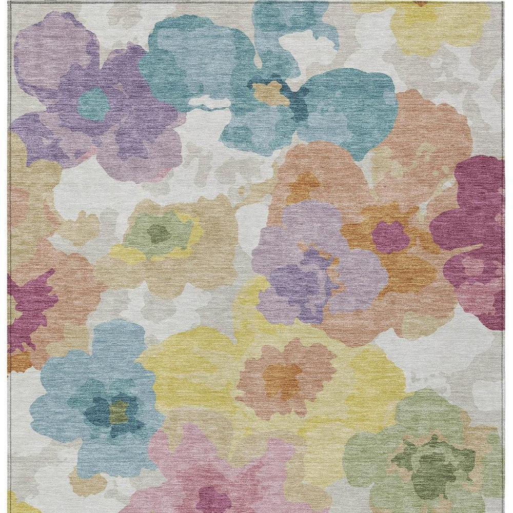 8x10 Floral Polyester Area Rug Washable Indoor Outdoor Neutral Beige Ivory