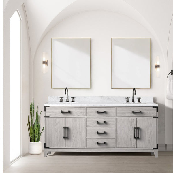 English Elm White Oak Double Bath Vanity 72" W With Carrara Marble Top - Elegant Storage & Soft-Close Design B2731P259905-GIGA