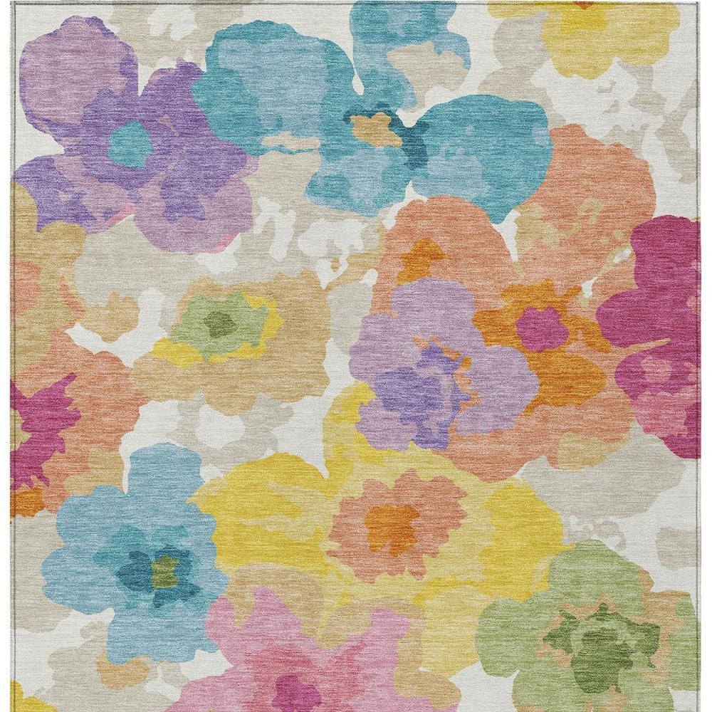 10 X 14 Floral Polyester Area Rug Washable Low Pile Indoor Outdoor Ivory Gray