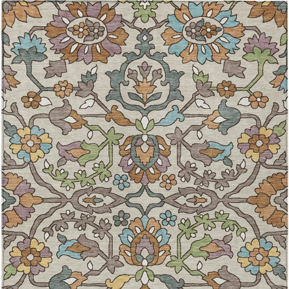 Floral Polyester Area Rug Washable Beige Orange Indoor Outdoor Patio and Family Room Use