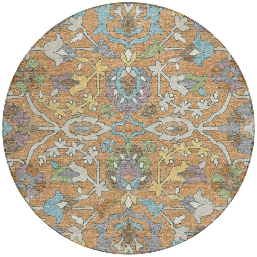 HomeRoots 8 Foot Round Floral Polyester Rug Washable Indoor Outdoor Patio Copper Blue 732231
