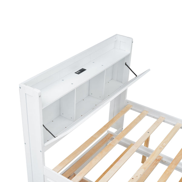English Elm Full Full Size Wooden Bed with Storage Headboard, Built-In Outlets, Trundle & 3 Drawers for Space-Saving Bedrooms White 80.51 L x 17.12 W x 4.57 H N733S172712K