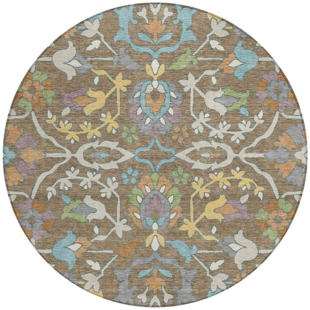 8 Foot Round Floral Polyester Area Rug for Indoor Outdoor Patios and Entryways