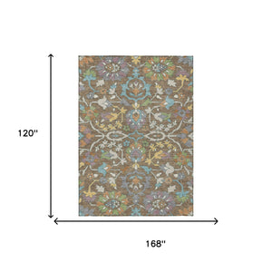 10 Ft Floral Polyester Area Rug Brown Copper Tones Machine Washable Indoor Outdoor