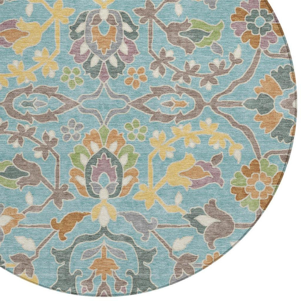 HomeRoots 8 Foot Round Floral Polyester Area Rug Machine Washable for Patio and Family Spaces 732255