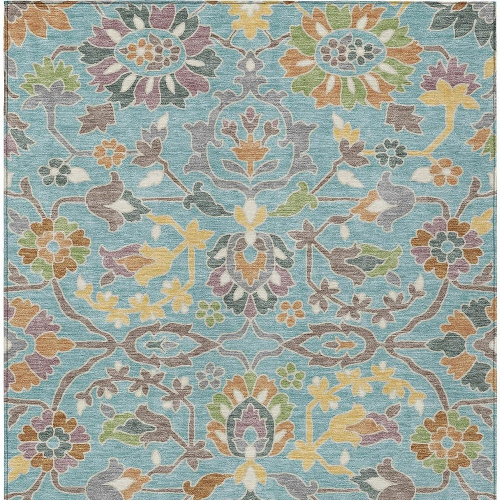HomeRoots Floral Teal Brown Washable Polyester Area Rug Low Pile for Indoor Outdoor Patio Living Room 8' x 10' 732256