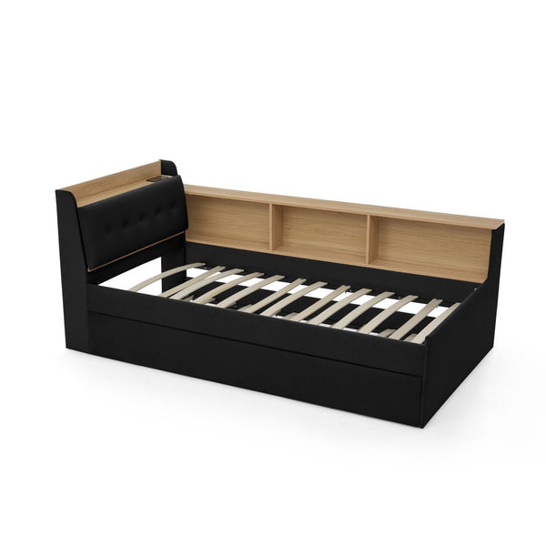 English Elm Twin Size Velvet Daybed With Adjustable Height Headboard, Storage, Trundle & Led Lights - Black W1413S00112-GIGA