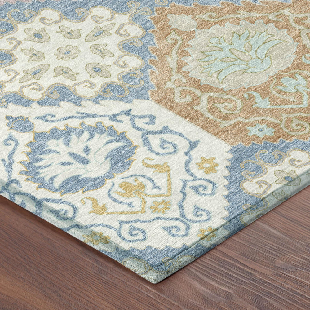 5 X 8 Geometric Polyester Area Rug Washable Indoor Outdoor Low Pile Denim Blue