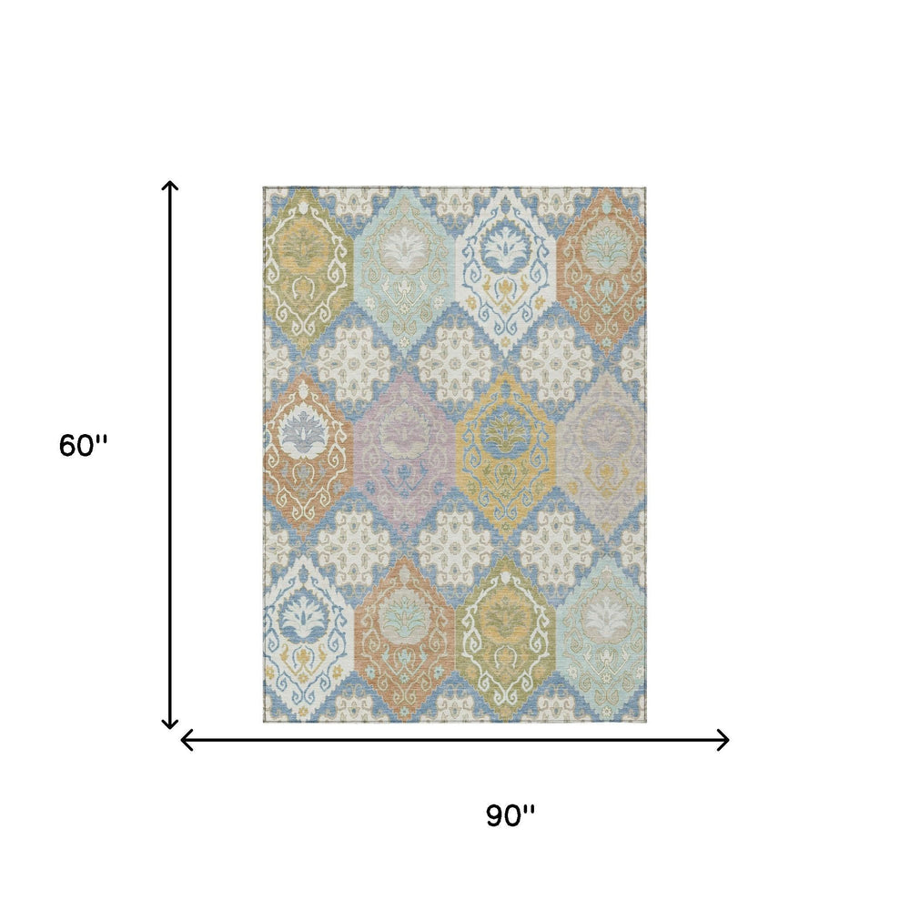 5 X 8 Geometric Polyester Area Rug Washable Indoor Outdoor Low Pile Denim Blue