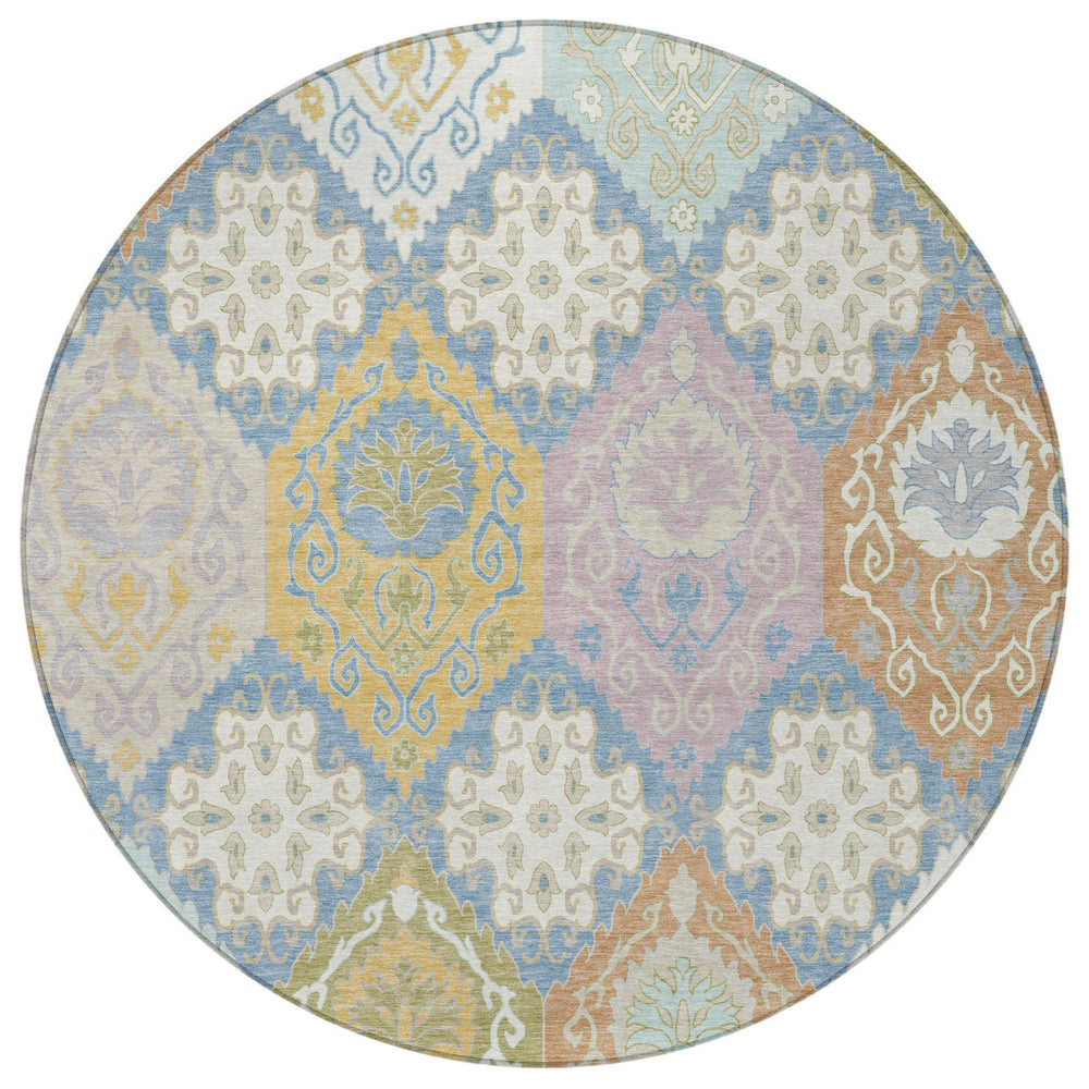 8 Ft Round Geometric Polyester Area Rug Washable Indoor Outdoor Coastal Decor