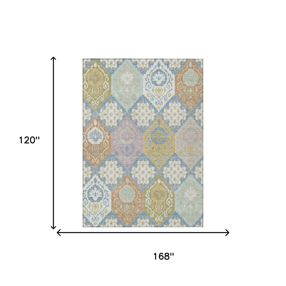 HomeRoots 10x14 Geometric Polyester Area Rug Washable Indoor Outdoor Patio Denim Ivory 732282