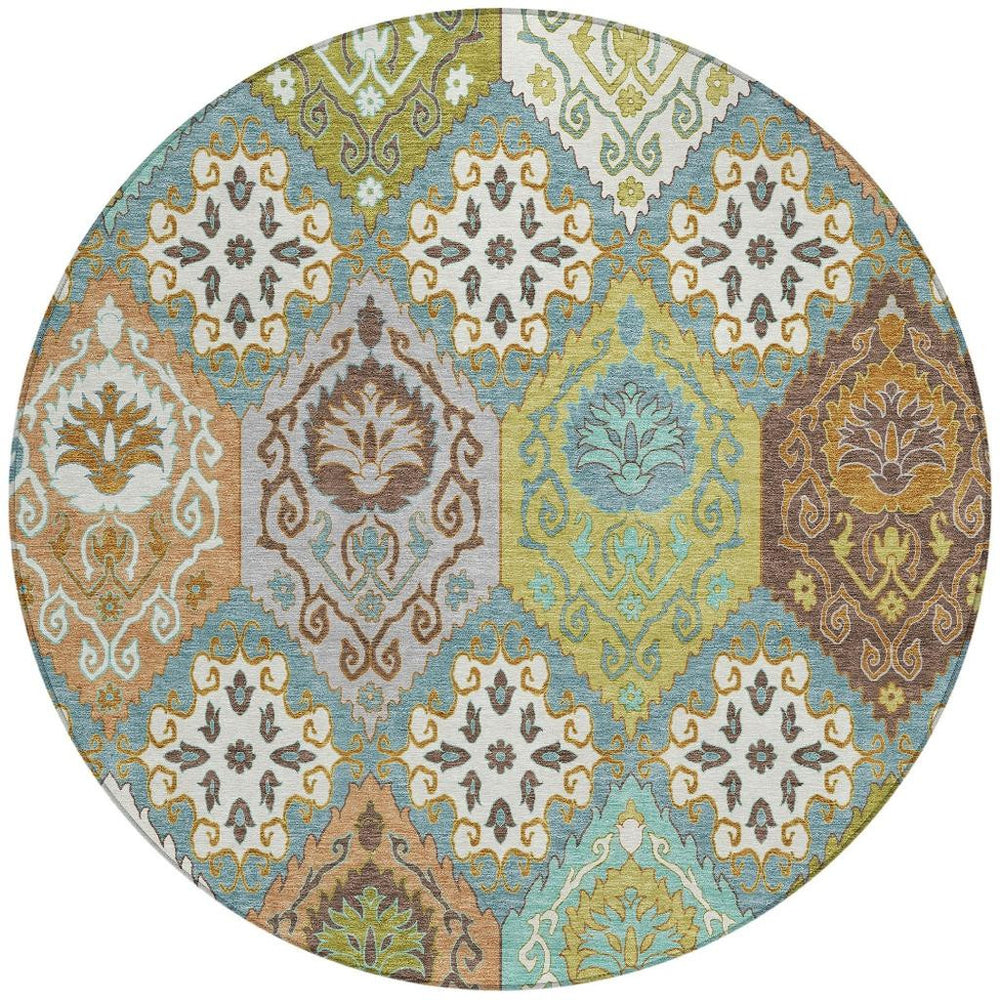 HomeRoots 8 Ft Round Geometric Polyester Area Rug Washable Teal Ivory Patio or Foyer 732309