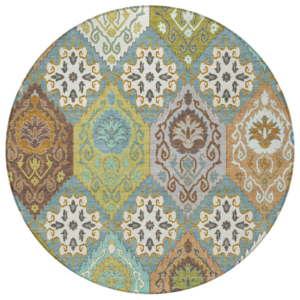 HomeRoots 8 Ft Round Geometric Polyester Area Rug Washable Teal Ivory Patio or Foyer 732309