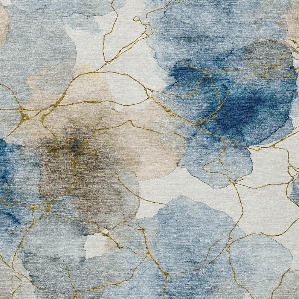 HomeRoots 9x12 Abstract Washable Polyester Area Rug in Blue Tones for Patio or Living Room 732335