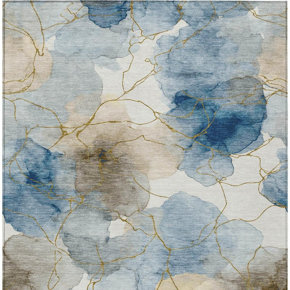 HomeRoots 9x12 Abstract Washable Polyester Area Rug in Blue Tones for Patio or Living Room 732335