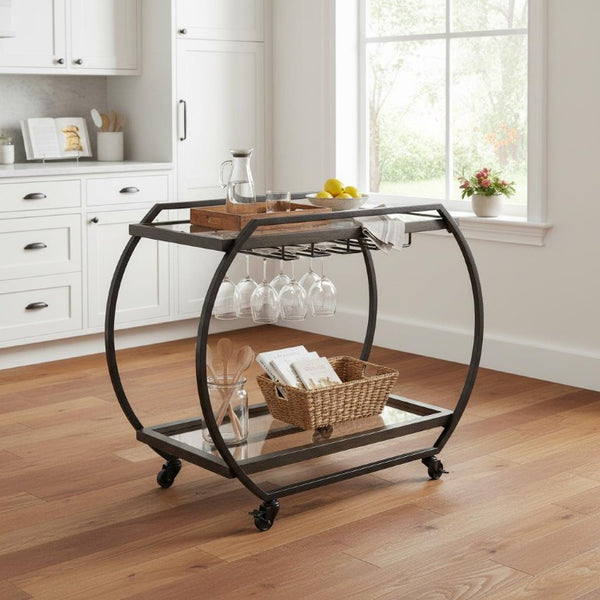19 Inch Rolling Kitchen Island Cart with Gunmetal Frame Glass Shelves and Storage