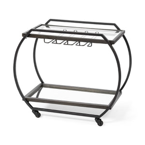 HomeRoots 19 Inch Rolling Kitchen Island Cart with Gunmetal Frame Glass Shelves and Storage 732361