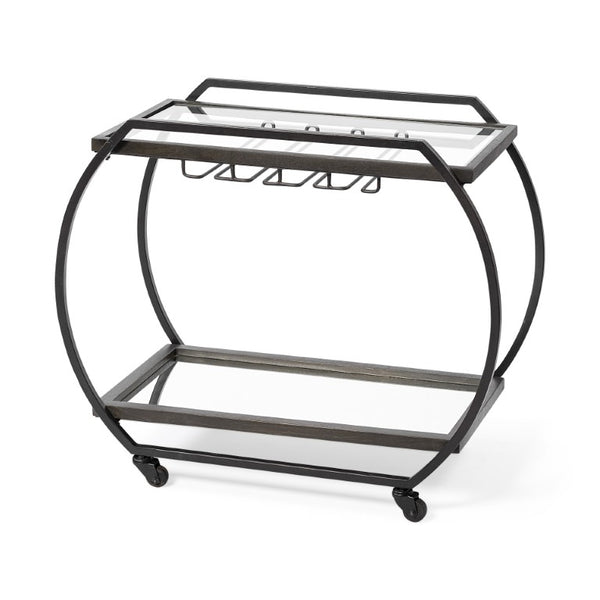 HomeRoots 19 Inch Rolling Kitchen Island Cart with Gunmetal Frame Glass Shelves and Storage 732361