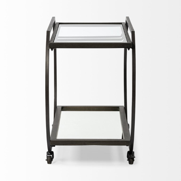 HomeRoots 19 Inch Rolling Kitchen Island Cart with Gunmetal Frame Glass Shelves and Storage 732361