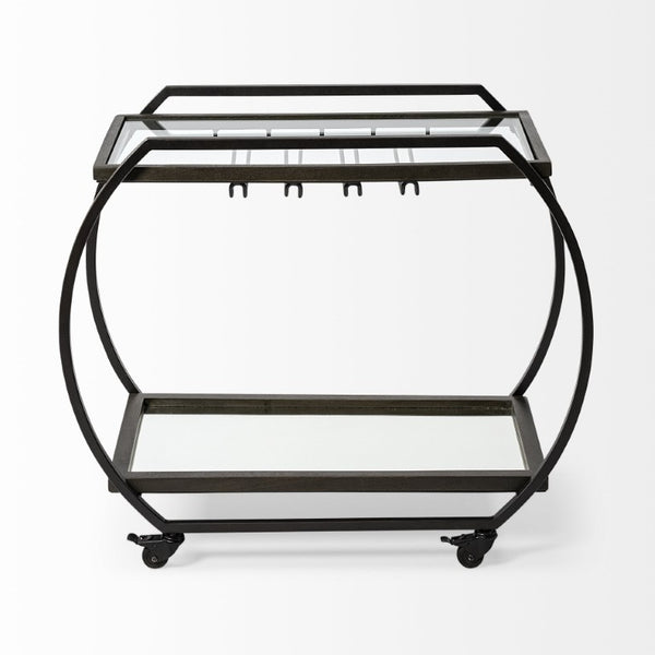 19 Inch Rolling Kitchen Island Cart with Gunmetal Frame Glass Shelves and Storage