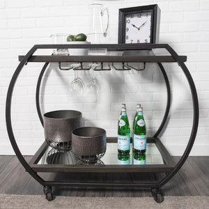 19 Inch Rolling Kitchen Island Cart with Gunmetal Frame Glass Shelves and Storage