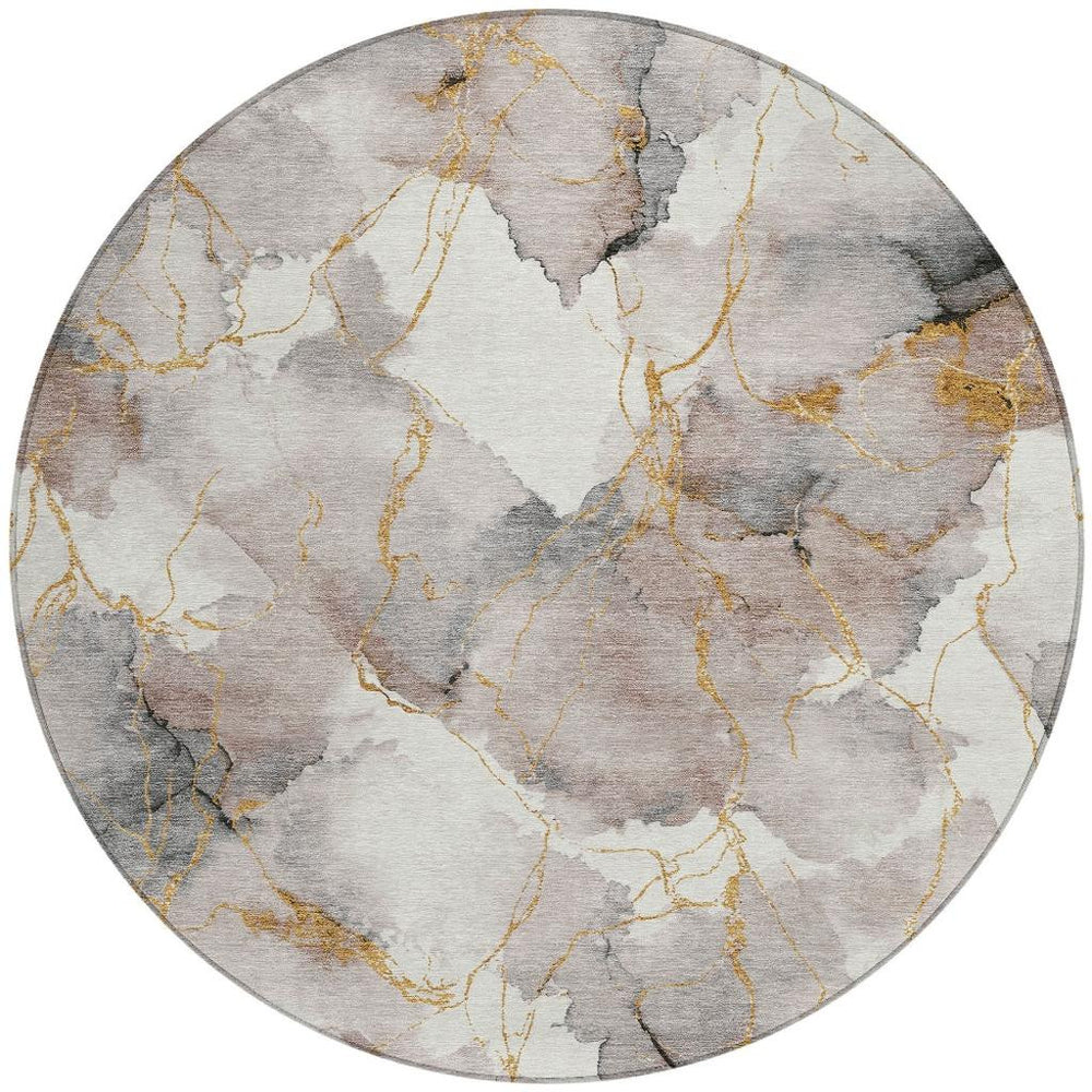 8 Ft Round Abstract Geometric Polyester Area Rug Washable Indoor Outdoor Khaki Ivory