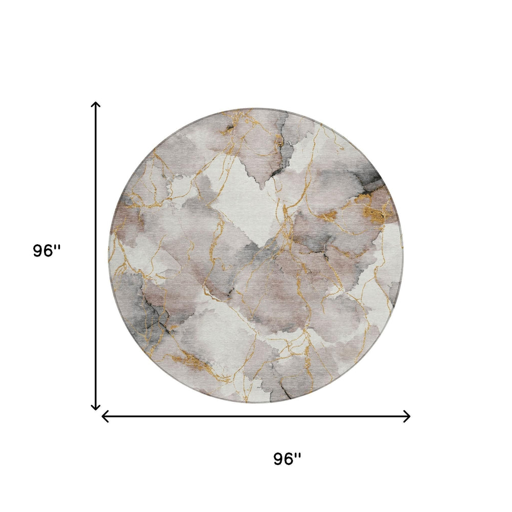 8 Ft Round Abstract Geometric Polyester Area Rug Washable Indoor Outdoor Khaki Ivory